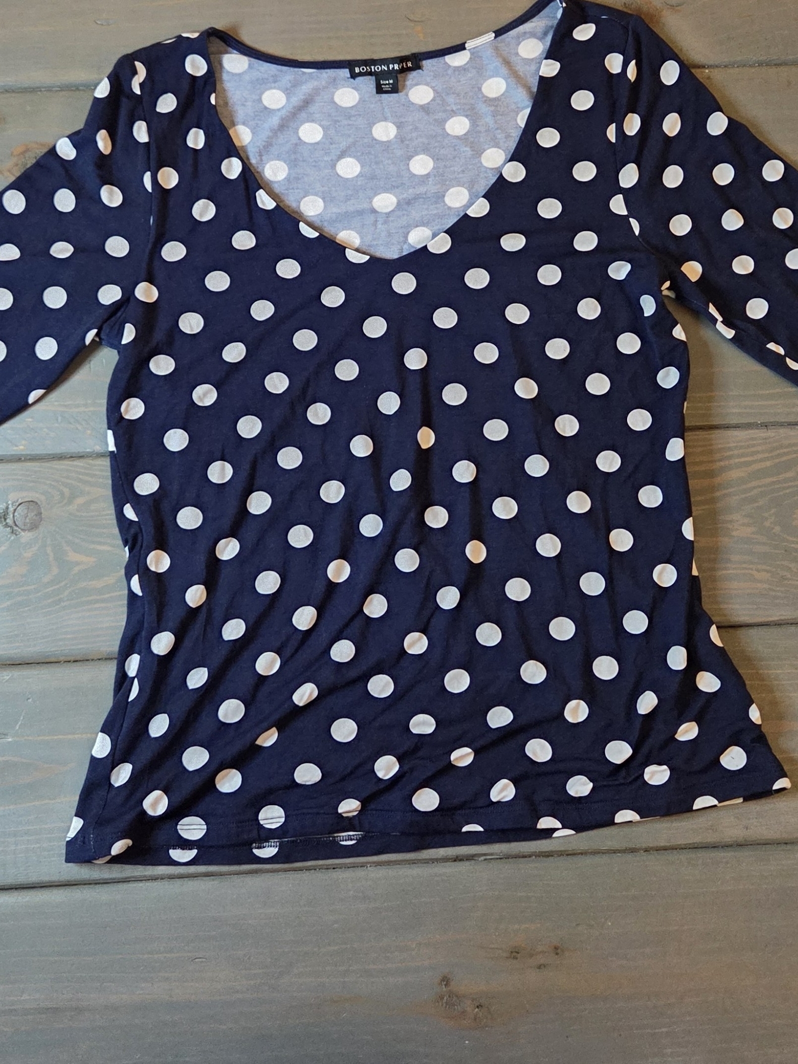 Boston Proper Polka Dot Top Medium Navy White Stretch 3/4 Sleeve